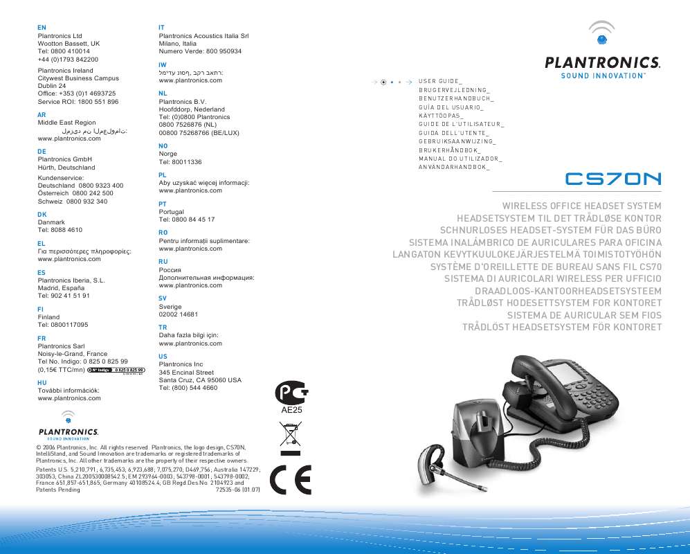 Guide utilisation PLANTRONICS CS70N WIRELESS HEADSET SYSTEM  de la marque PLANTRONICS