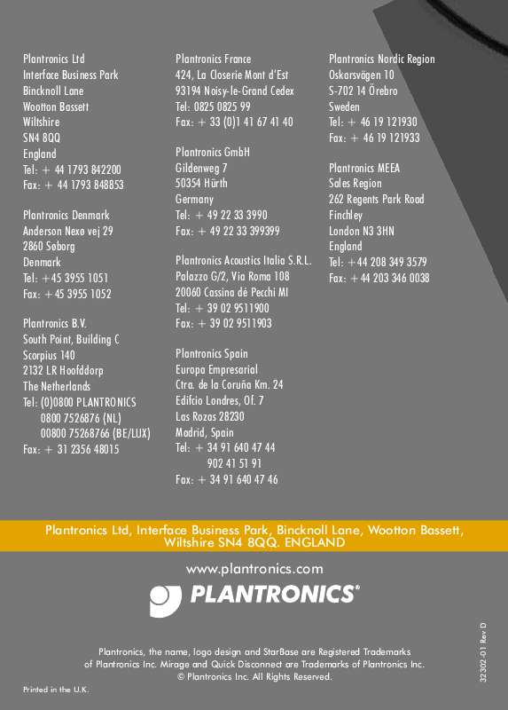 Guide utilisation PLANTRONICS MIRAGE  de la marque PLANTRONICS