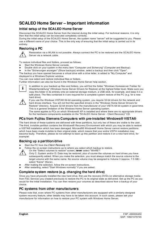 Guide utilisation FUJITSU SIEMENS SCALEO HOME SERVER 2155  de la marque FUJITSU SIEMENS