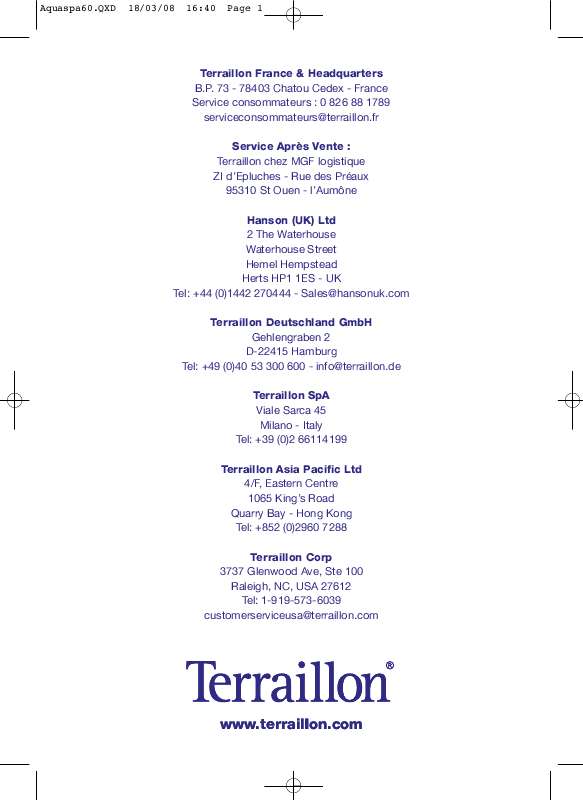 Guide utilisation TERRAILLON AQUASPA 60  de la marque TERRAILLON
