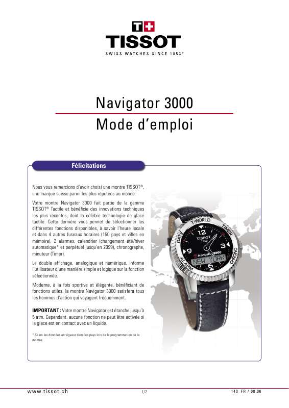 Guide utilisation  TISSOT NAVIGATOR 3000  de la marque TISSOT