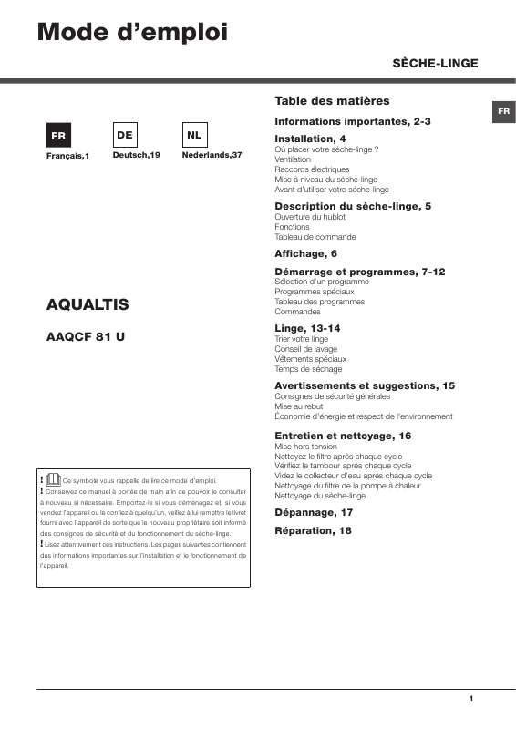 Guide utilisation ARISTON AQUALTIS AAQCF 81 U  de la marque ARISTON