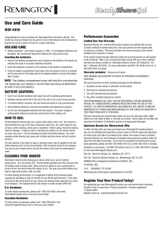 Guide utilisation  REMINGTON WSF-4810  de la marque REMINGTON