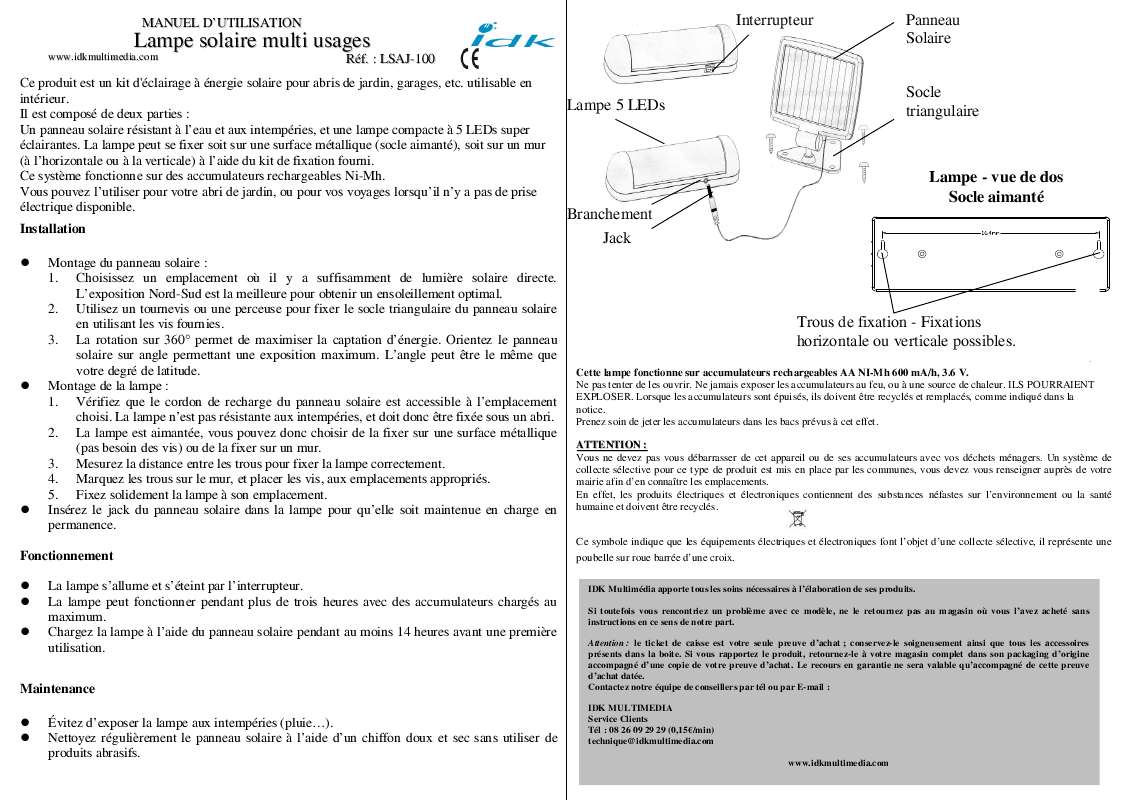 Guide utilisation IDK MULTIMEDIA LSAJ-100 de la marque IDK MULTIMEDIA