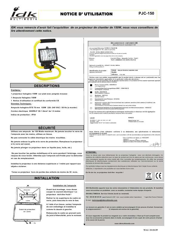 Guide utilisation IDK MULTIMEDIA PJC-150 de la marque IDK MULTIMEDIA