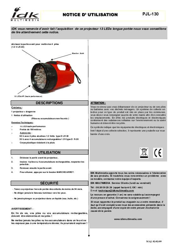 Guide utilisation IDK MULTIMEDIA PJL-130 de la marque IDK MULTIMEDIA