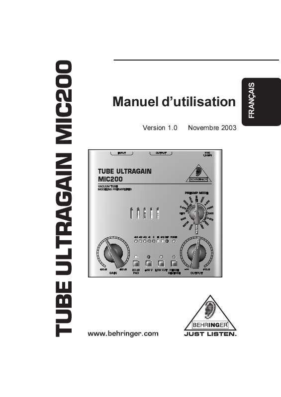Guide utilisation BEHRINGER TUBE ULTRAGAIN MIC200  de la marque BEHRINGER