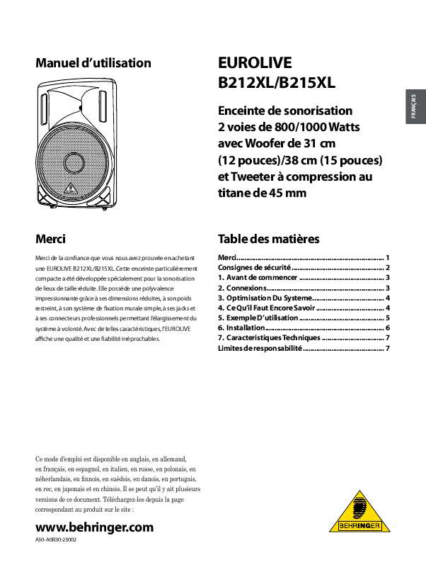 Guide utilisation BEHRINGER B212XL  de la marque BEHRINGER