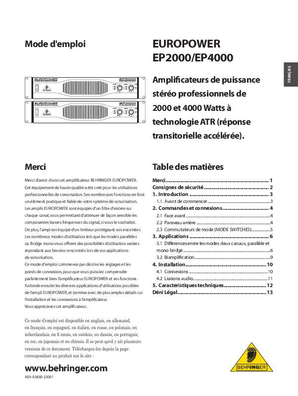 Guide utilisation BEHRINGER EP2000  de la marque BEHRINGER