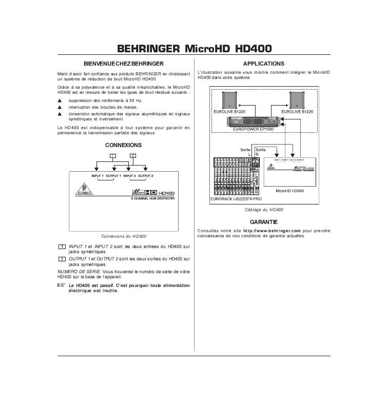 Guide utilisation BEHRINGER HD400  de la marque BEHRINGER
