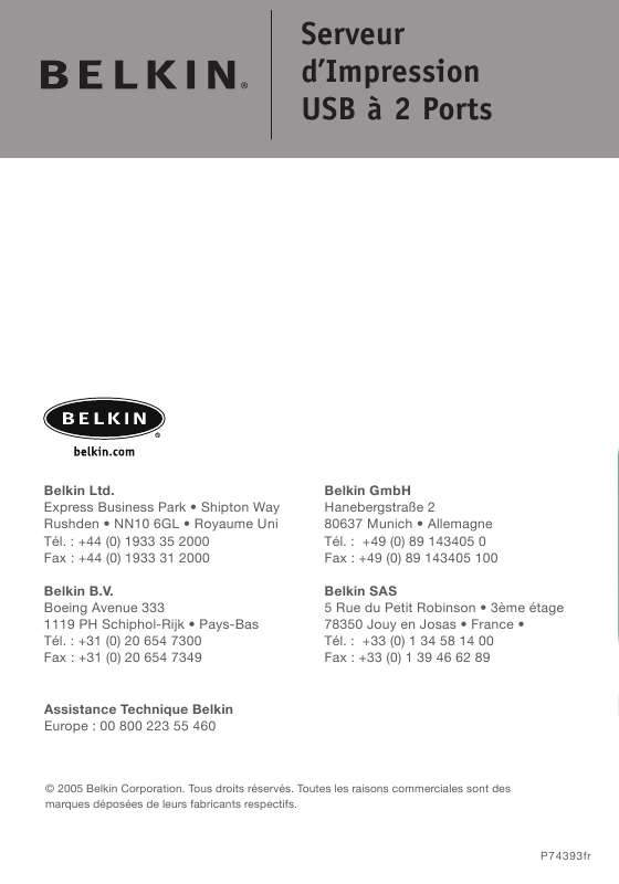 Guide utilisation  BELKIN 2-PORT USB PRINT SERVER #F1UP0301  de la marque BELKIN