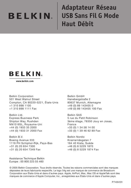 Guide utilisation  BELKIN ADAPTATEUR USB SANS FIL MODE HAUT DÉBIT #F5D7051FR  de la marque BELKIN