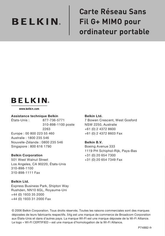Guide utilisation  BELKIN CARTE RESEAU SANS FIL G+ MIMO  de la marque BELKIN