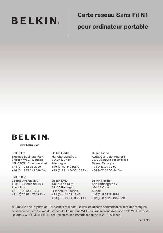 Guide utilisation  BELKIN CARTE RÉSEAU SANS FIL N1 POUR ORDINATEUR PORTABLE #F5D8011FR  de la marque BELKIN