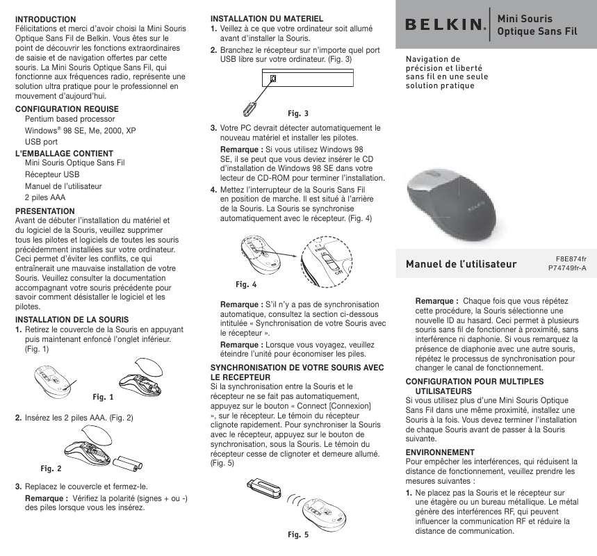 Guide utilisation  BELKIN LA MINI SOURIS OPTIQUE SANS FIL #F8E874QEA  de la marque BELKIN