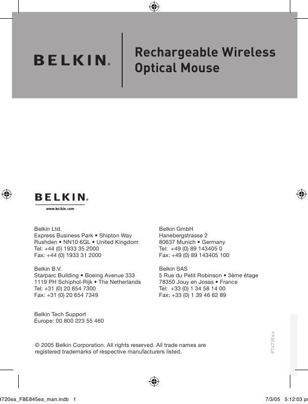 Guide utilisation  BELKIN SOURIS OPTIQUE SANS FIL RECHARGEABLE #F8E845UK  de la marque BELKIN