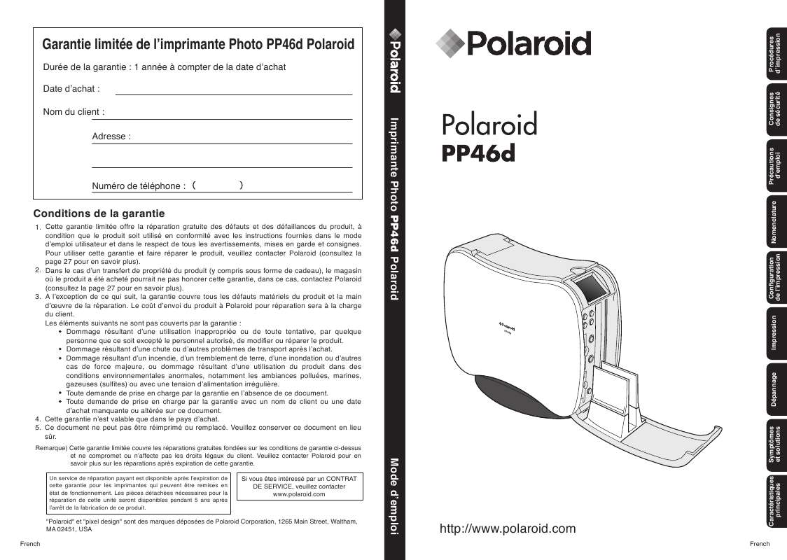Guide utilisation  POLAROID PP46D  de la marque POLAROID