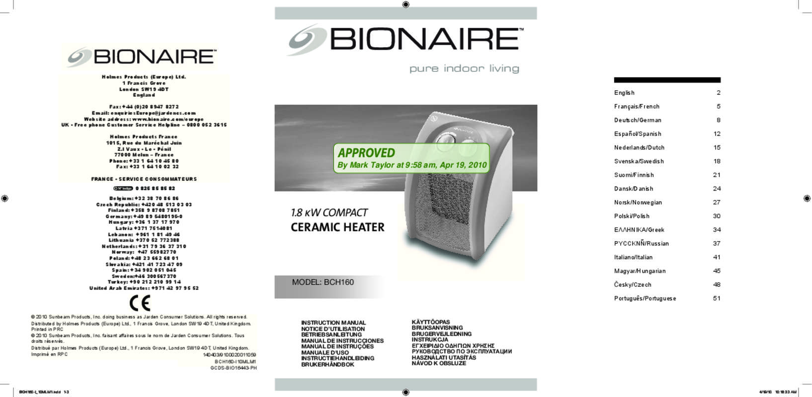 Guide utilisation BIONAIRE BCH160B-I  de la marque BIONAIRE