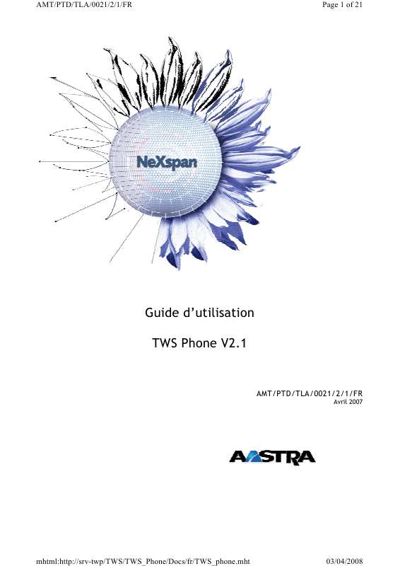 Guide utilisation AASTRA TWS PHONE V2.1  de la marque AASTRA