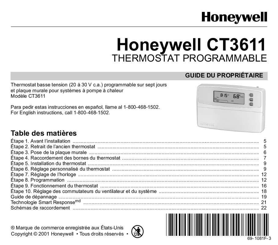 Guide utilisation HONEYWELL CT3611  de la marque HONEYWELL