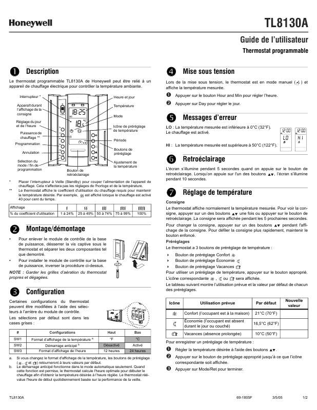 Guide utilisation HONEYWELL TL8130A  de la marque HONEYWELL