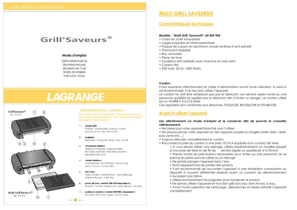 Guide utilisation  LAGRANGE MULTI GRILL SAVEURS  de la marque LAGRANGE