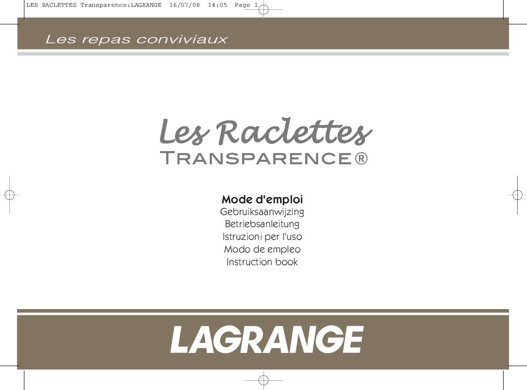 Guide utilisation  LAGRANGE RACLETTES TRANSPARENCE  de la marque LAGRANGE
