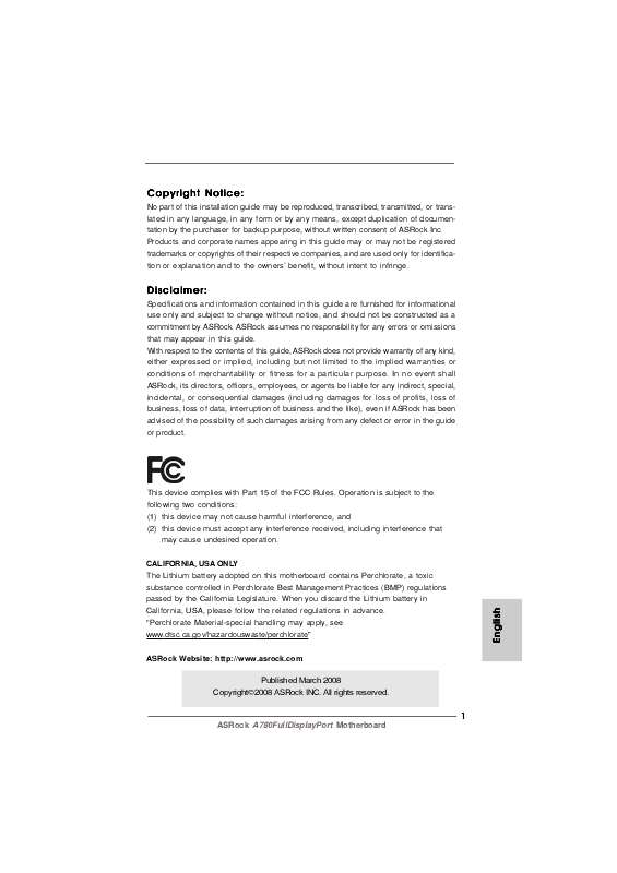 Guide utilisation ASROCK A780FULLDISPLAYPORT_858  de la marque ASROCK