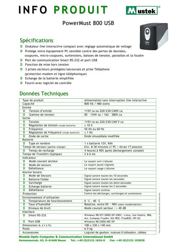 Guide utilisation MUSTEK POWERMUST 800 USB  de la marque MUSTEK