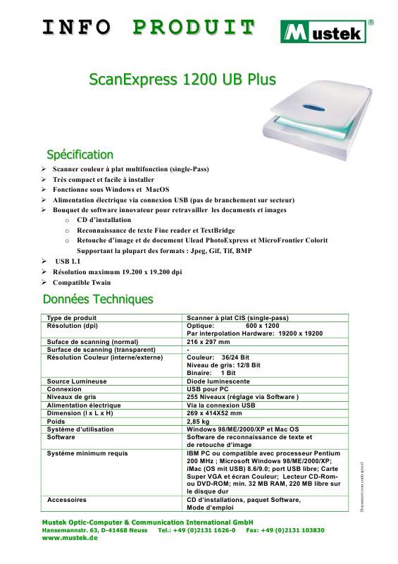 Guide utilisation MUSTEK SCANEXPRESS 1200 UB PLUS  de la marque MUSTEK