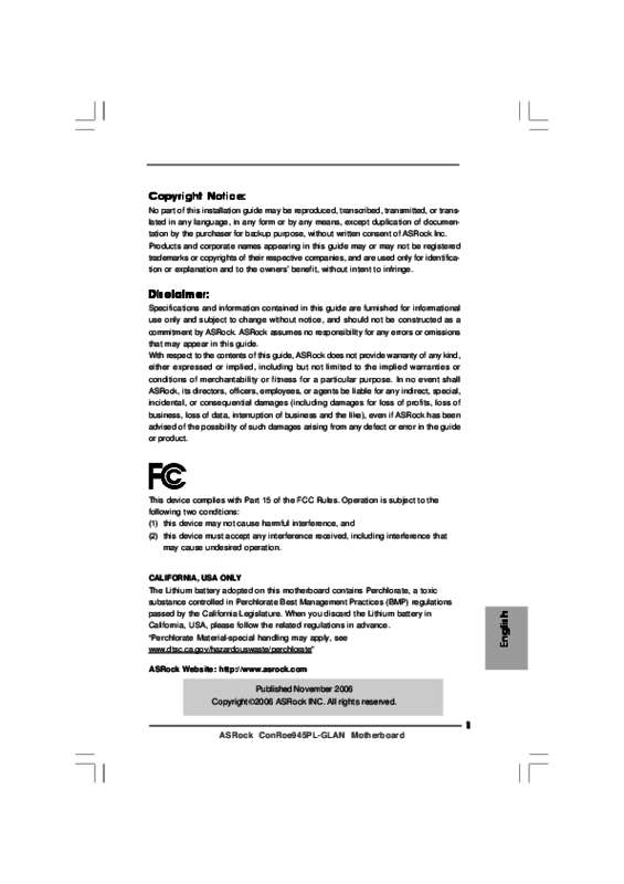 Guide utilisation ASROCK CONROE945PL-GLAN  de la marque ASROCK