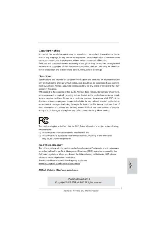 Guide utilisation ASROCK H77WS-DL  de la marque ASROCK