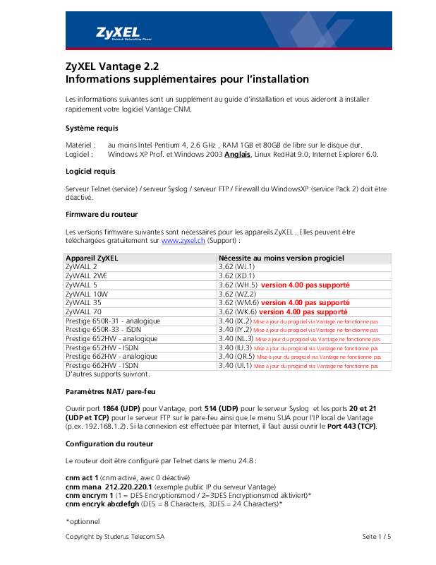 Guide utilisation  ZYXEL VANTAGE 2.2  de la marque ZYXEL