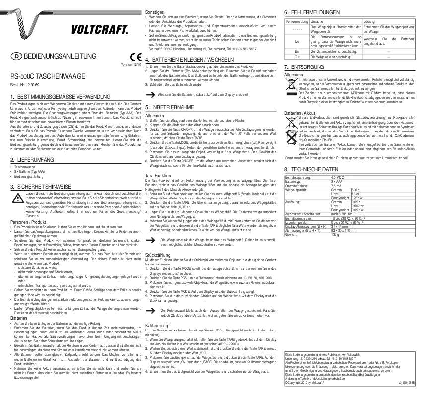 Guide utilisation  VOLTCRAFT PS-500C  de la marque VOLTCRAFT
