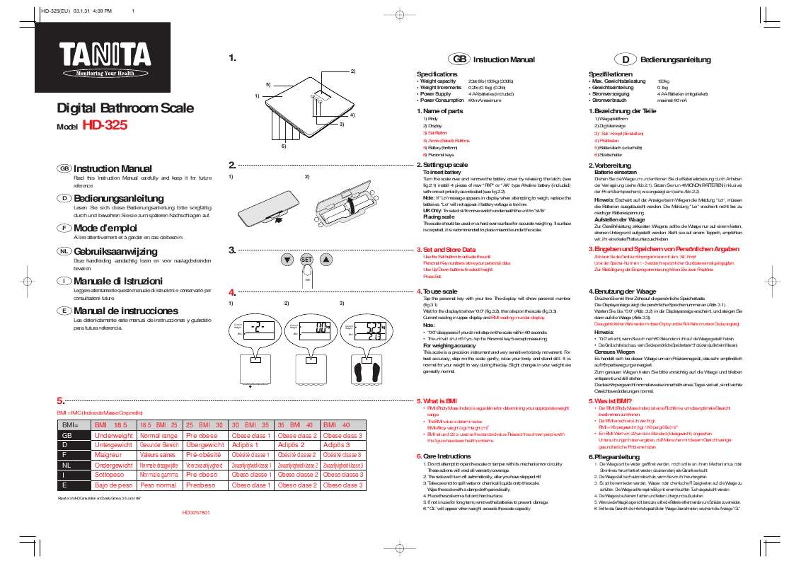 Guide utilisation TANITA HD 325  de la marque TANITA