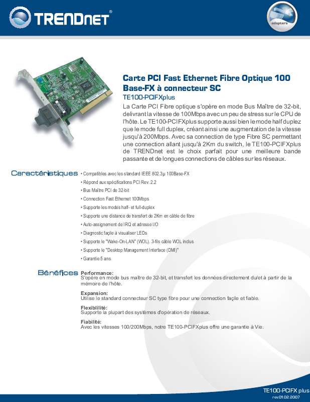 Guide utilisation  TRENDNET TE100-PCIFXPLUS  de la marque TRENDNET