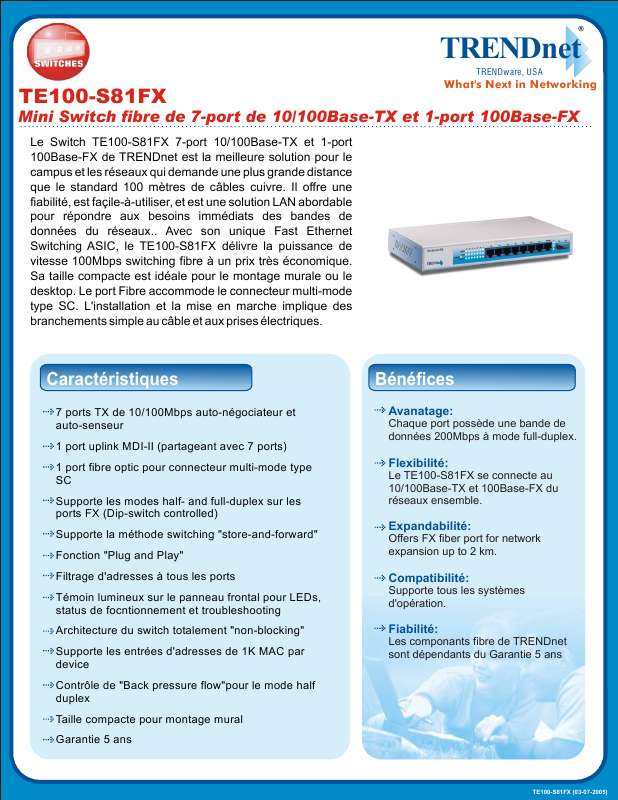 Guide utilisation  TRENDNET TE100-S81FX  de la marque TRENDNET