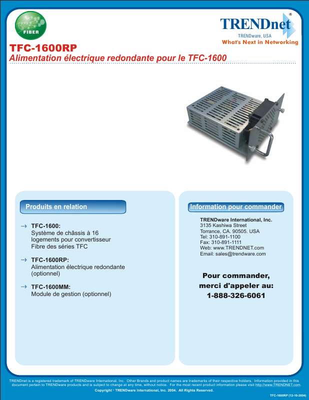 Guide utilisation  TRENDNET TFC-1600RP  de la marque TRENDNET