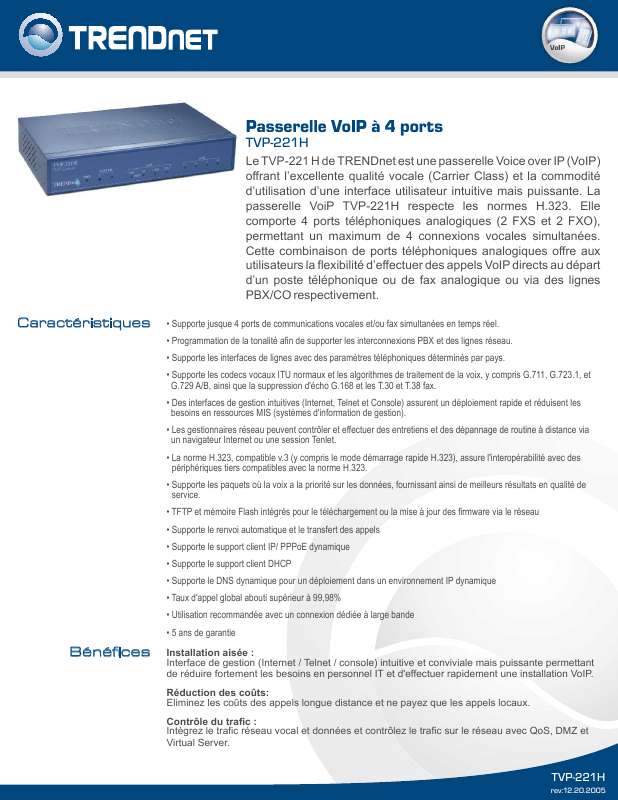 Guide utilisation  TRENDNET TVP-221H  de la marque TRENDNET