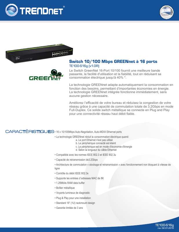 Guide utilisation  TRENDNET TE100-S16G  de la marque TRENDNET