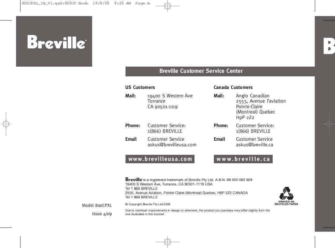 Guide utilisation  BREVILLE 800CPXL  de la marque BREVILLE