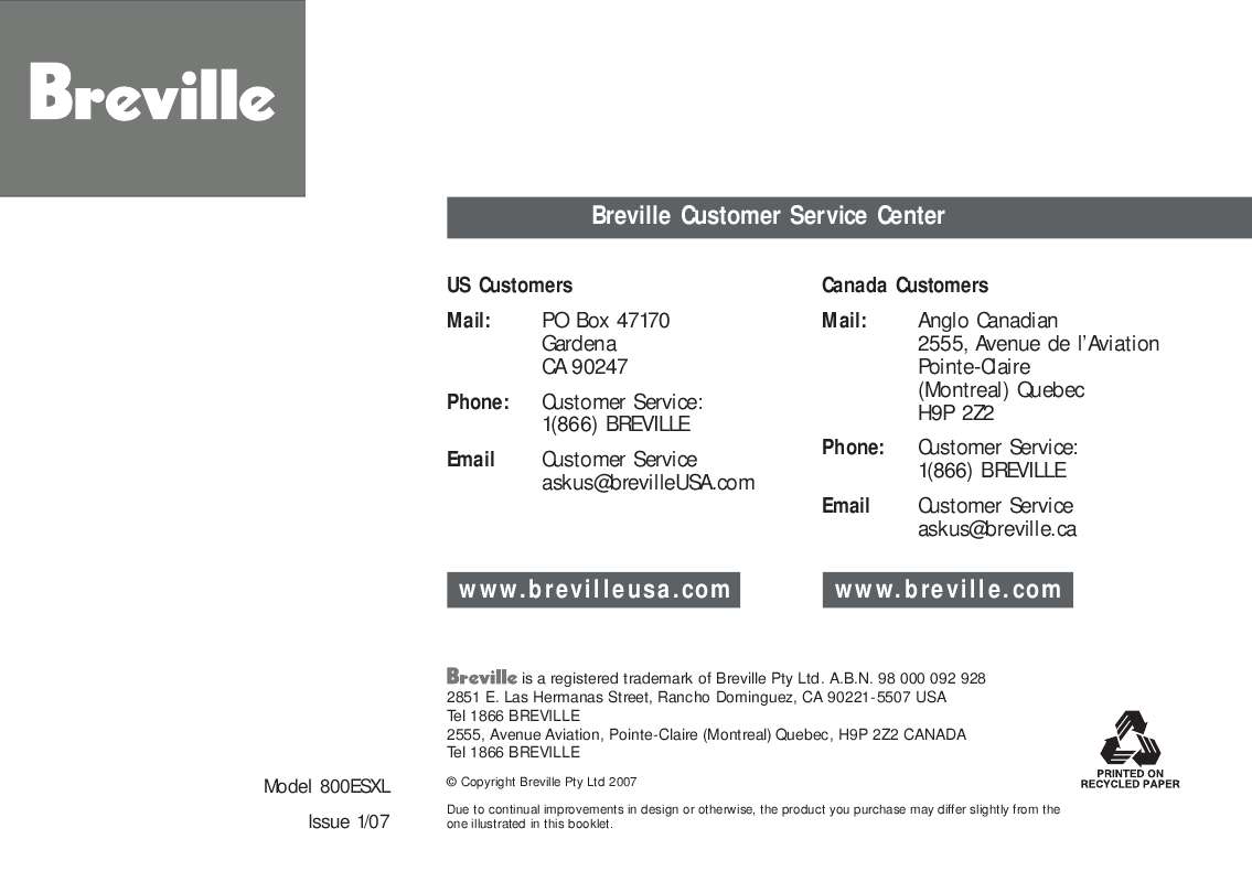 Guide utilisation  BREVILLE 800ESXL  de la marque BREVILLE