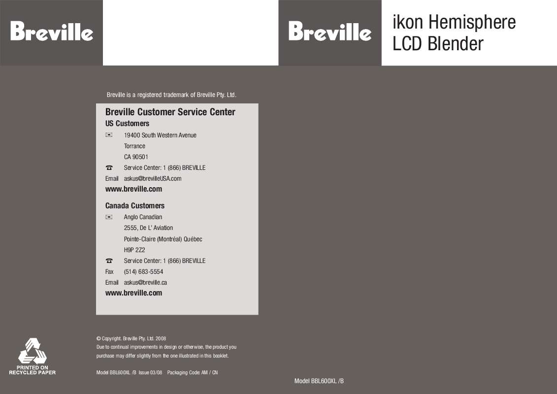 Guide utilisation  BREVILLE BBL600XL  de la marque BREVILLE
