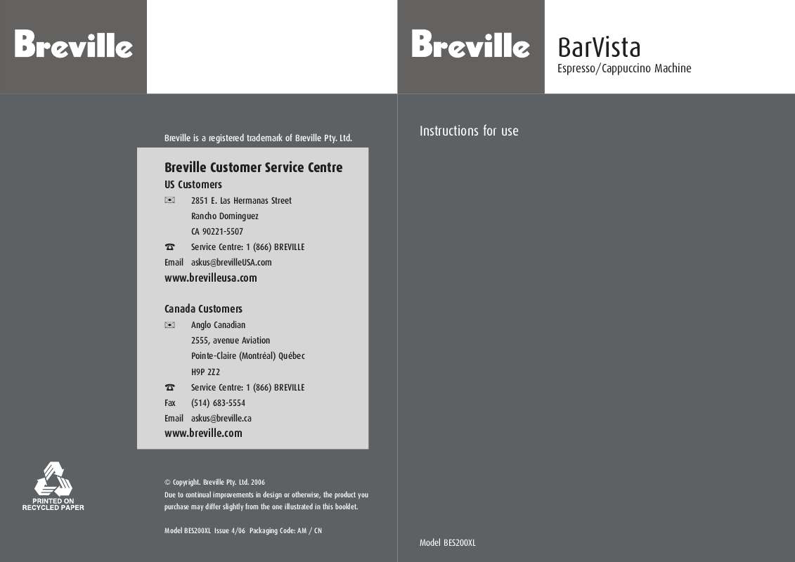 Guide utilisation  BREVILLE BES200XL  de la marque BREVILLE