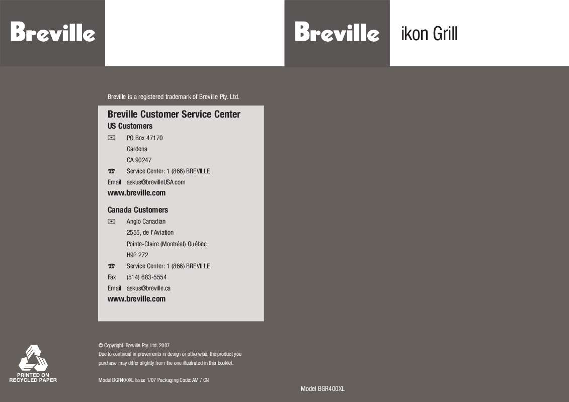 Guide utilisation  BREVILLE BGR400XL  de la marque BREVILLE