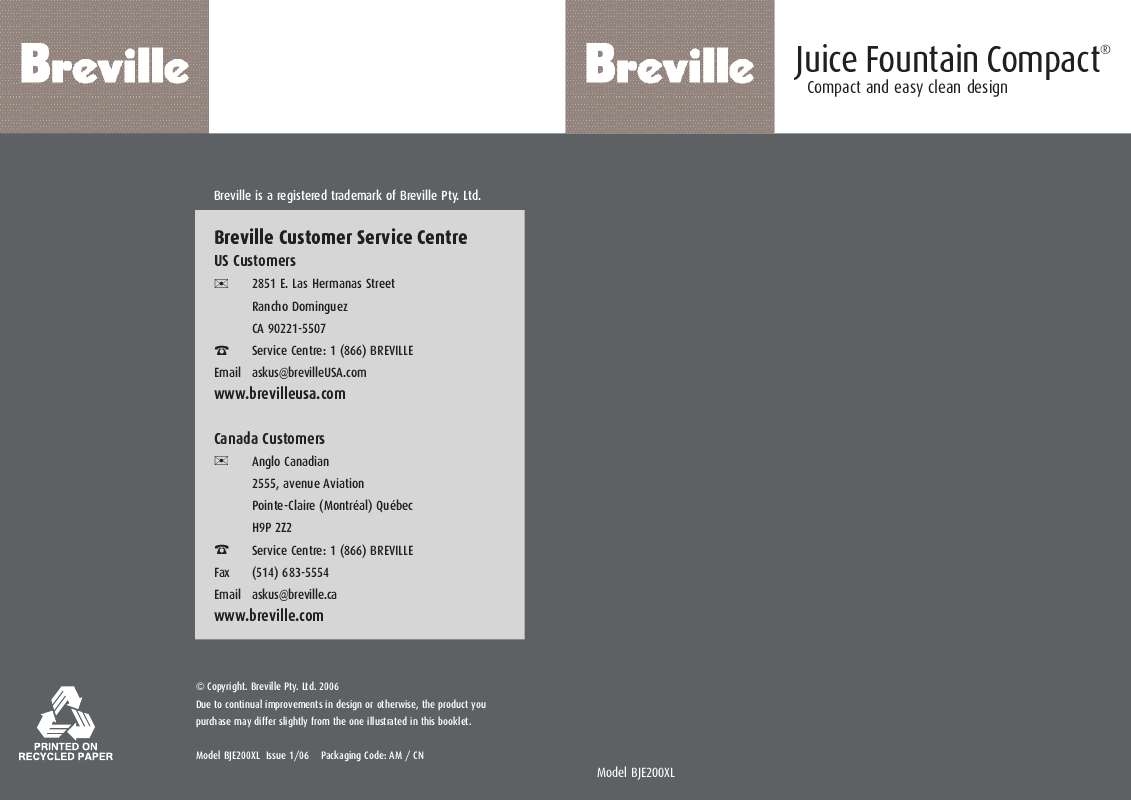 Guide utilisation  BREVILLE BJE200XL  de la marque BREVILLE