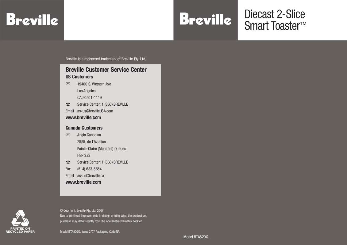 Guide utilisation  BREVILLE BTA820XL  de la marque BREVILLE