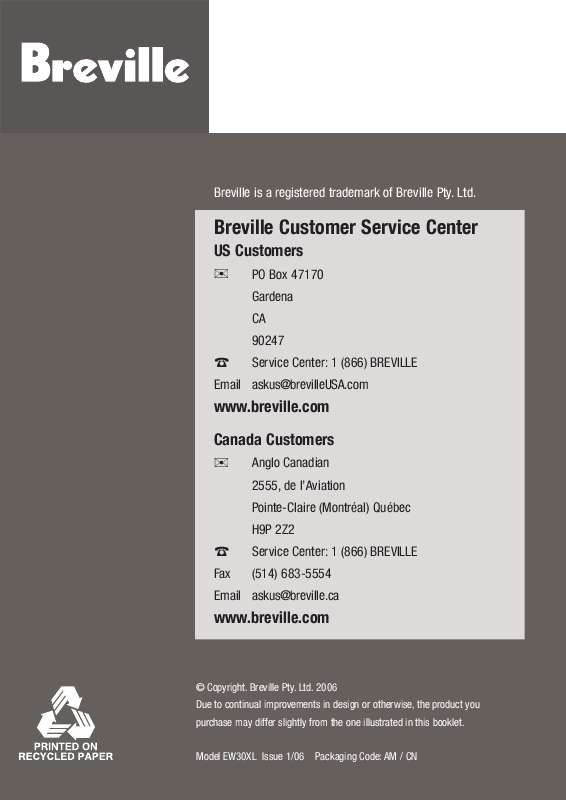 Guide utilisation  BREVILLE EW30XL  de la marque BREVILLE