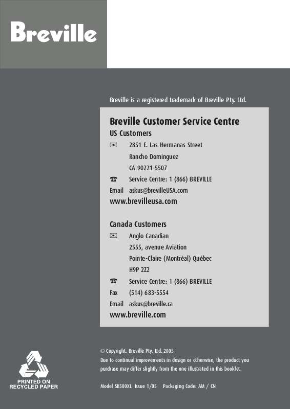 Guide utilisation  BREVILLE SK500XL  de la marque BREVILLE