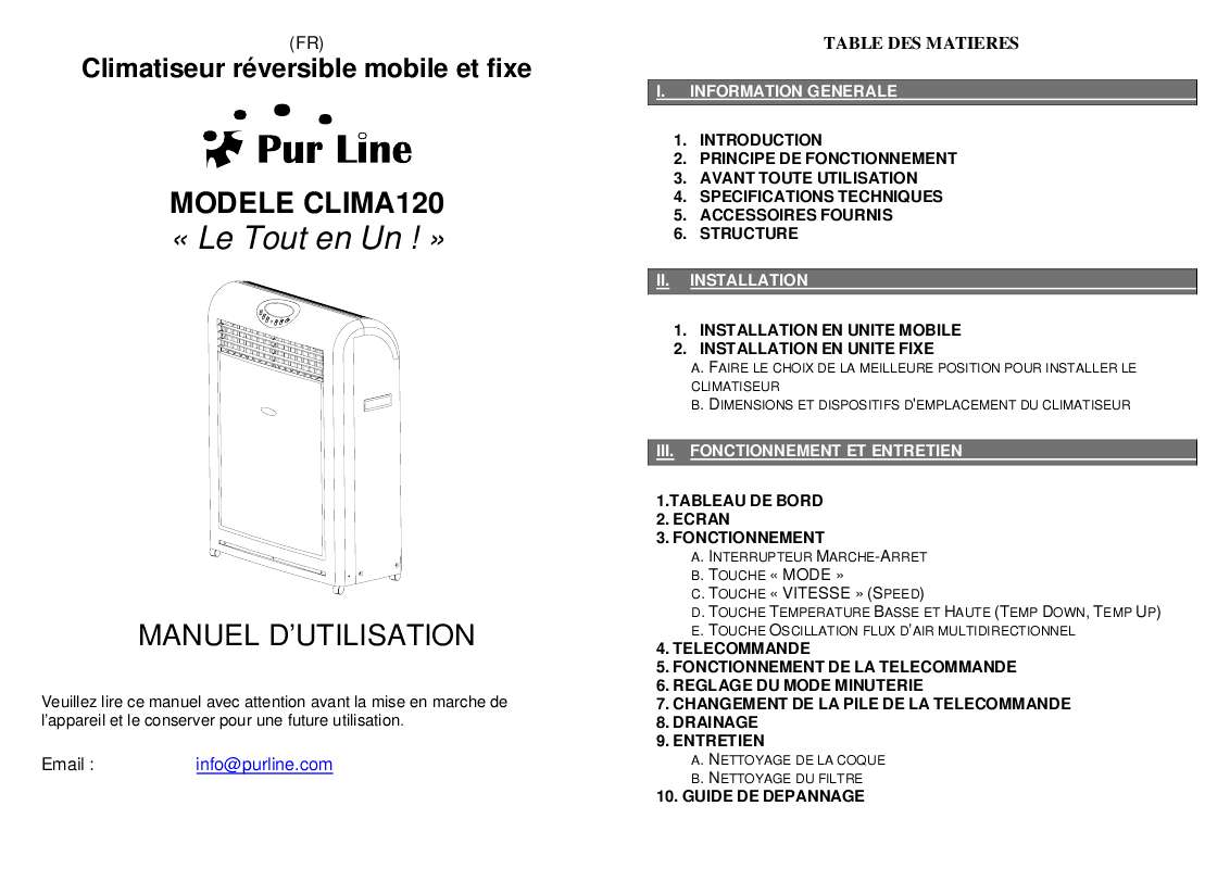 Guide utilisation  PUR LINE CLIMA120  de la marque PUR LINE